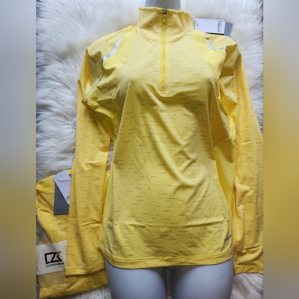 Cutter & Buck 1/4 zip Long sleeve yellow small golf tennis polo upf 50+